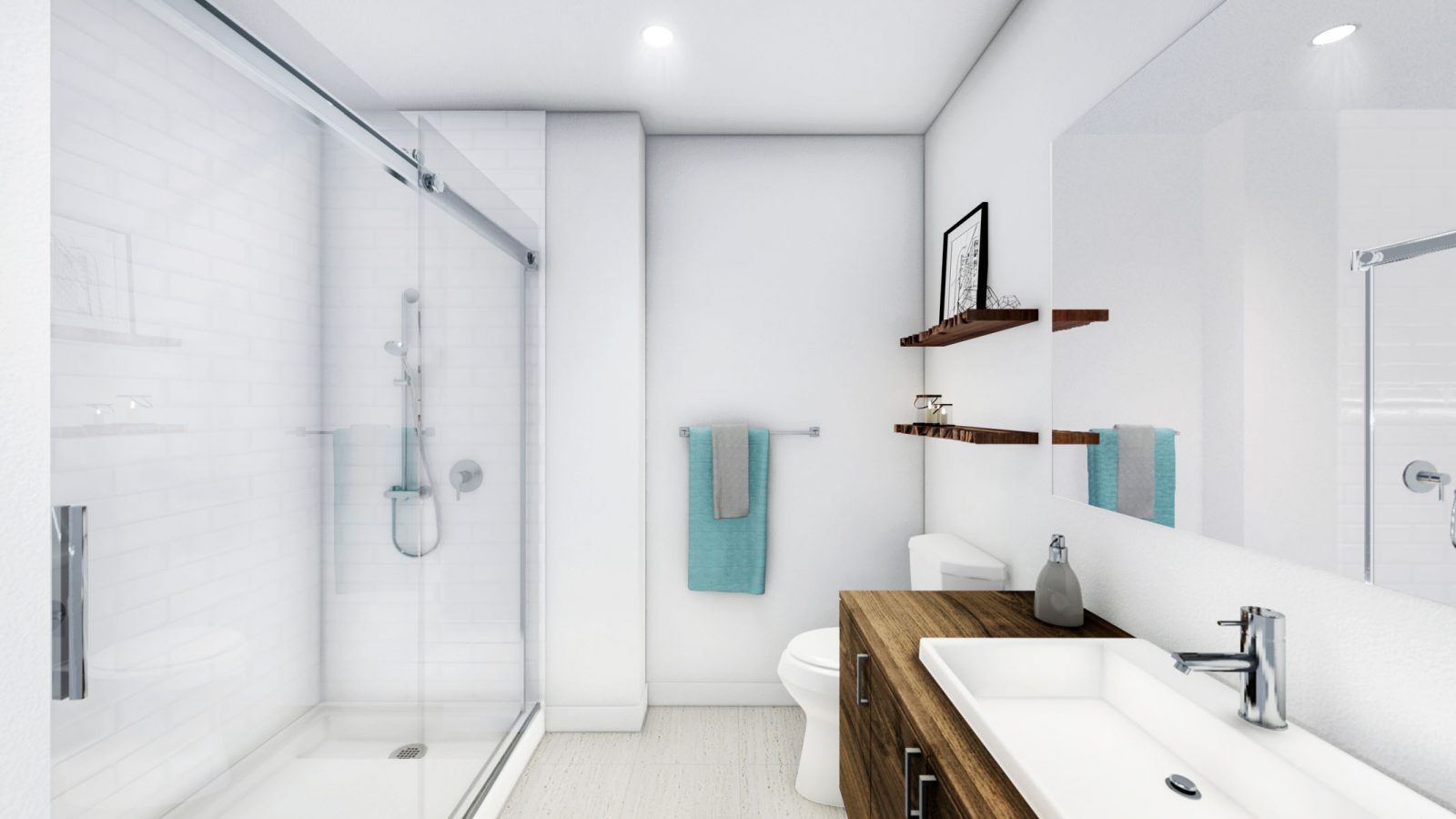 Salle de bain avec grande douche vitrée en céramique – LOGES Saint-Nicolas, Lévis