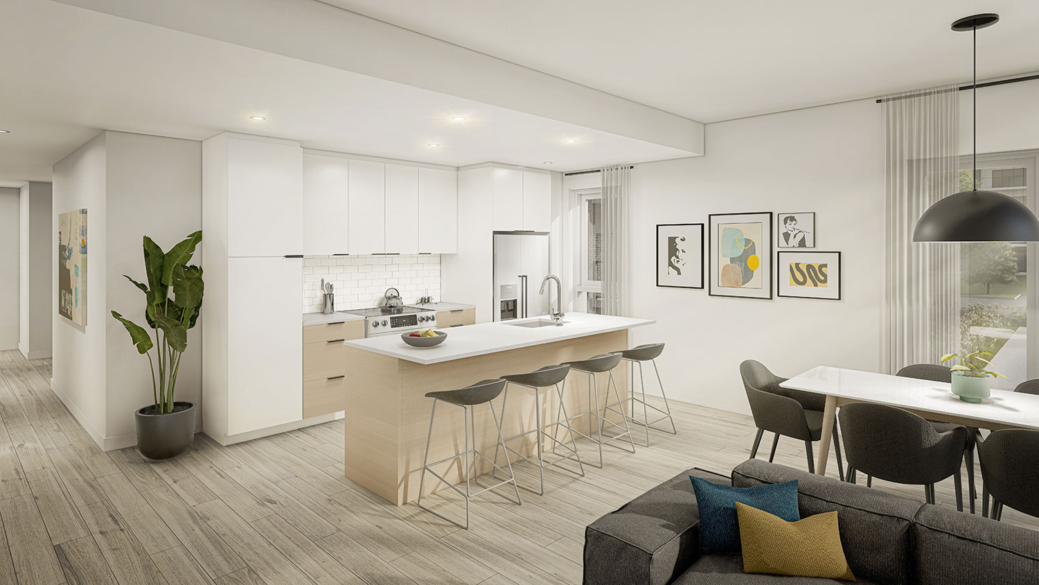 Cuisine avec îlot et salle à manger, appartement du Loges 550 – LOGES Saint-Nicolas, Lévis