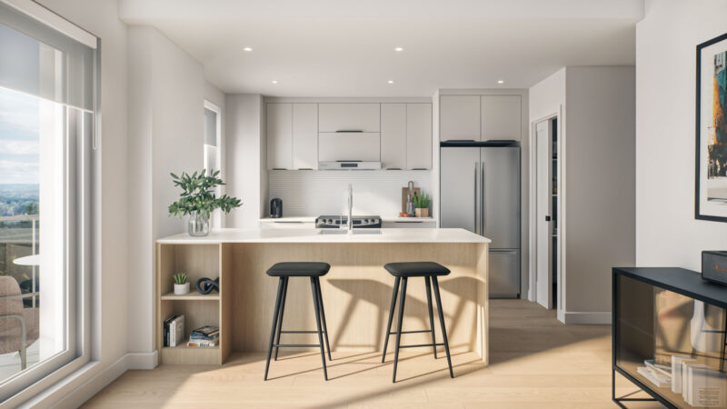 Loges 555_Cuisine Cuisine avec îlot et tabourets, appartement du Loges 555 – LOGES Saint-Nicolas, Lévis